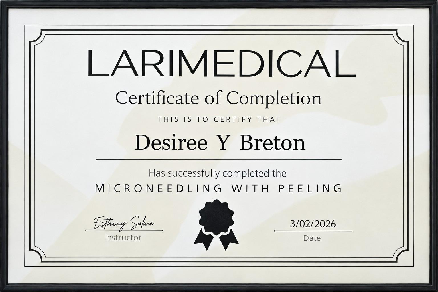 Certificado de formación en Microneedling with Peeling a nombre de Desiree Y Breton